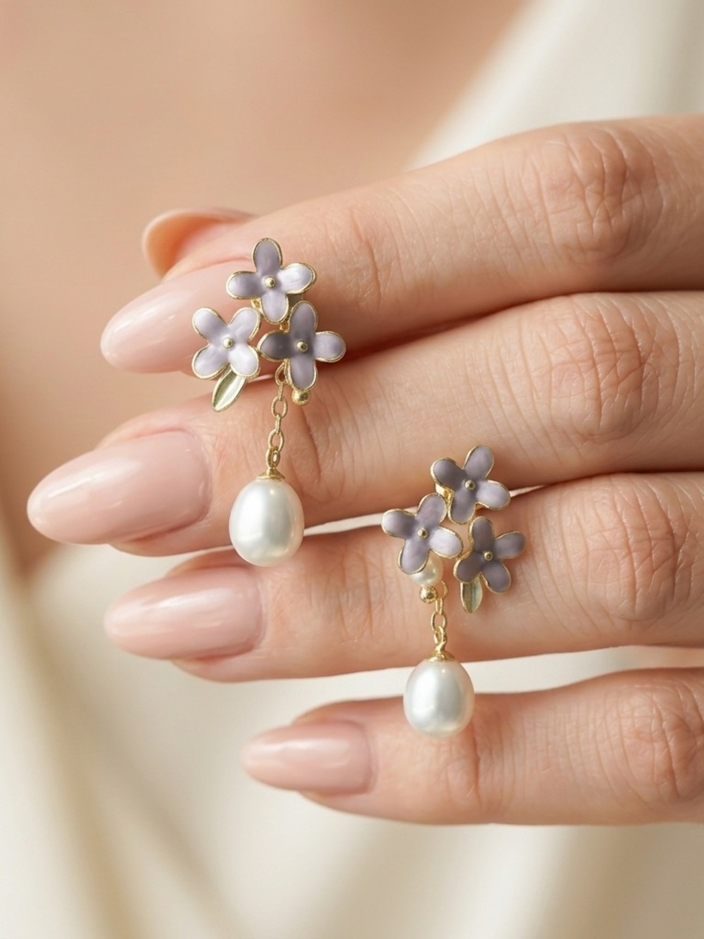 Elegant Lavender Wisteria Flower Pearl Drop Earrings